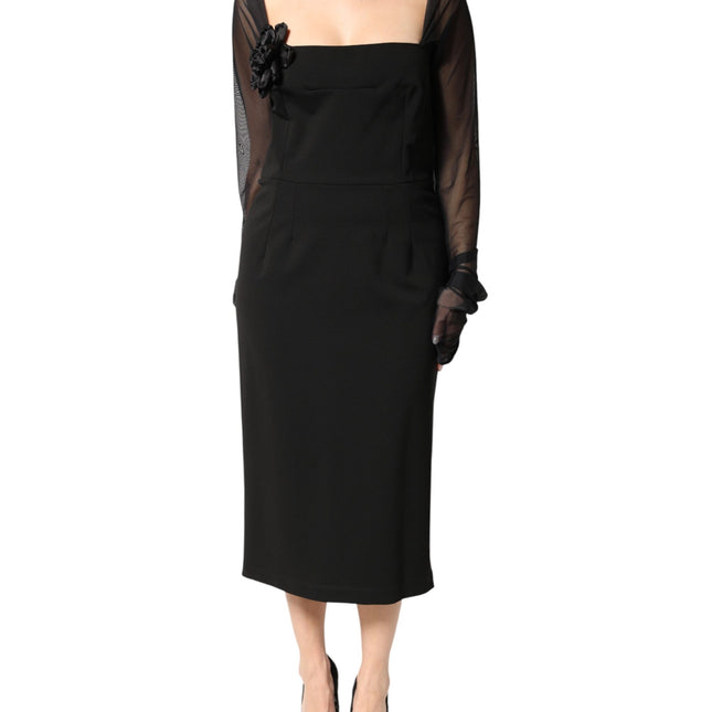 Dolce & Gabbana Black Sheer Yoke Rosette Sheath Midi Dress