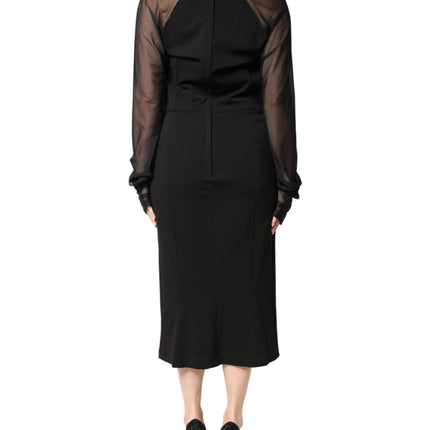 Dolce & Gabbana Black Sheer Yoke Rosette Sheath Midi Dress