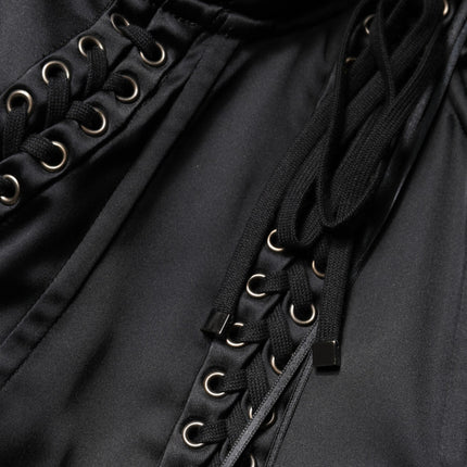 Dolce & Gabbana Black Satin Acetate Lace Eyelets Mini Dress