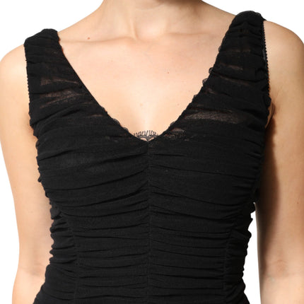 Dolce & Gabbana Black V-Neck Ruched Lace Hem Midi Dress