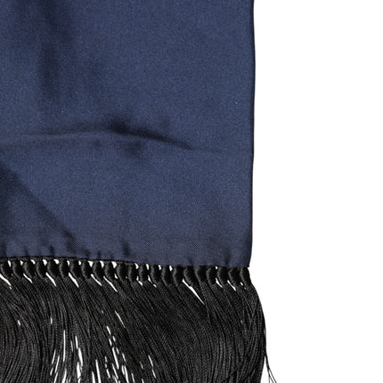 Dolce & Gabbana Navy Blue Silk Fringes Neck Foulard Scarf