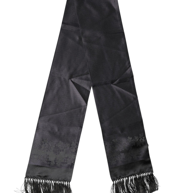 Dolce & Gabbana Black Satin Silk Fringes Neck Foulard Scarf