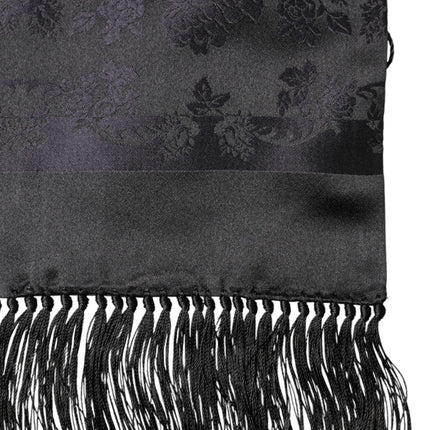Dolce & Gabbana Black Satin Silk Fringes Neck Foulard Scarf