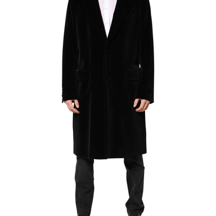 Dolce & Gabbana Black Cotton Velvet Long Trench Coat Jacket