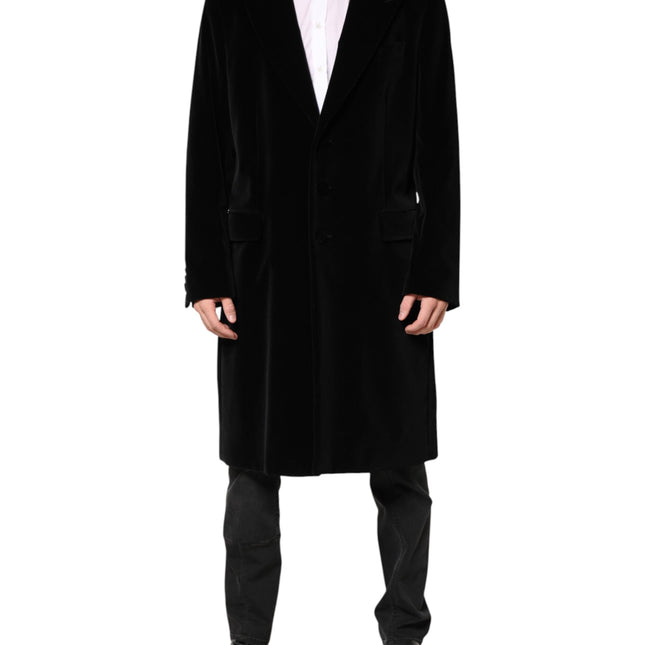 Dolce & Gabbana Black Cotton Velvet Long Trench Coat Jacket