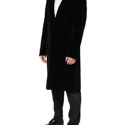 Dolce & Gabbana Black Cotton Velvet Long Trench Coat Jacket