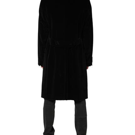 Dolce & Gabbana Black Cotton Velvet Long Trench Coat Jacket