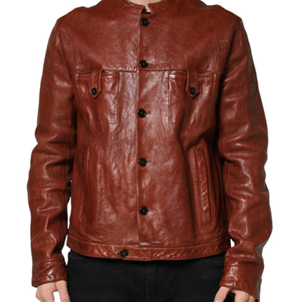 Dolce & Gabbana Brown Leather Button Down Men Biker Jacket