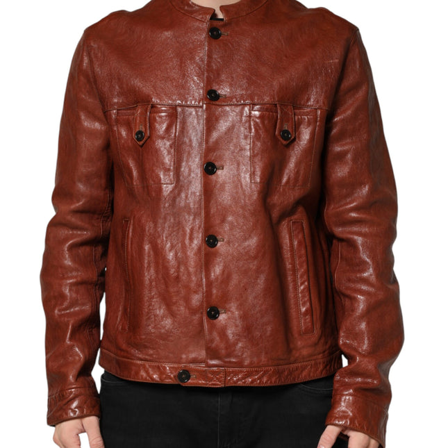 Dolce & Gabbana Brown Leather Button Down Men Biker Jacket