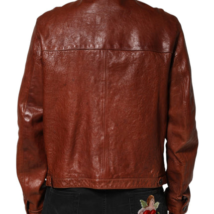 Dolce & Gabbana Brown Leather Button Down Men Biker Jacket