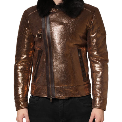 Dolce & Gabbana Bronze Leather Fur Full Zip Men Biker Jacket
