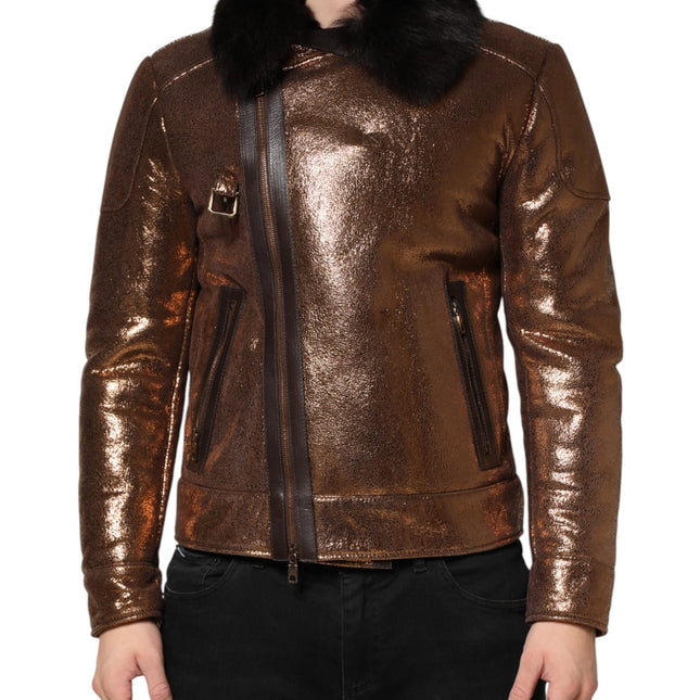 Dolce & Gabbana Bronze Leather Fur Full Zip Men Biker Jacket